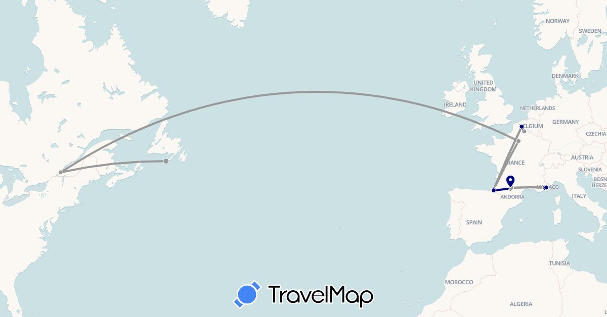 TravelMap itinerary: driving, plane in Canada, France, Saint Pierre and Miquelon (Europe, North America)